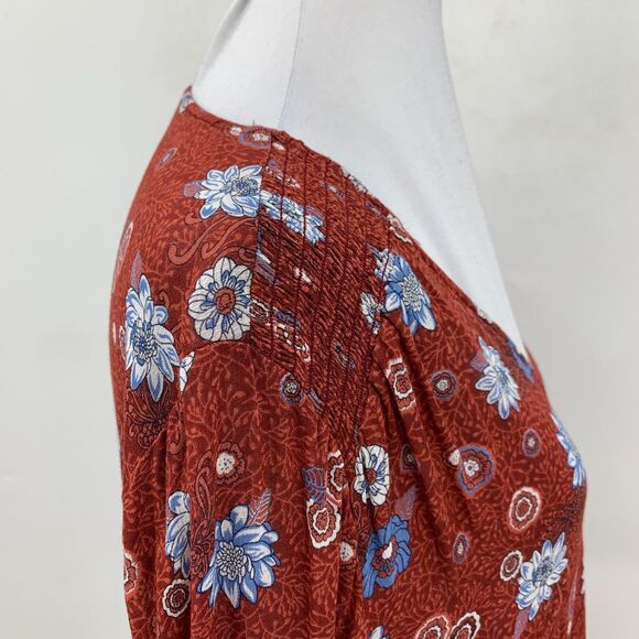 Lucky Brand Blouse Women M Rust Multi Floral Shirred Shoulder V Neck Long Sleeve - Picture 6 of 13